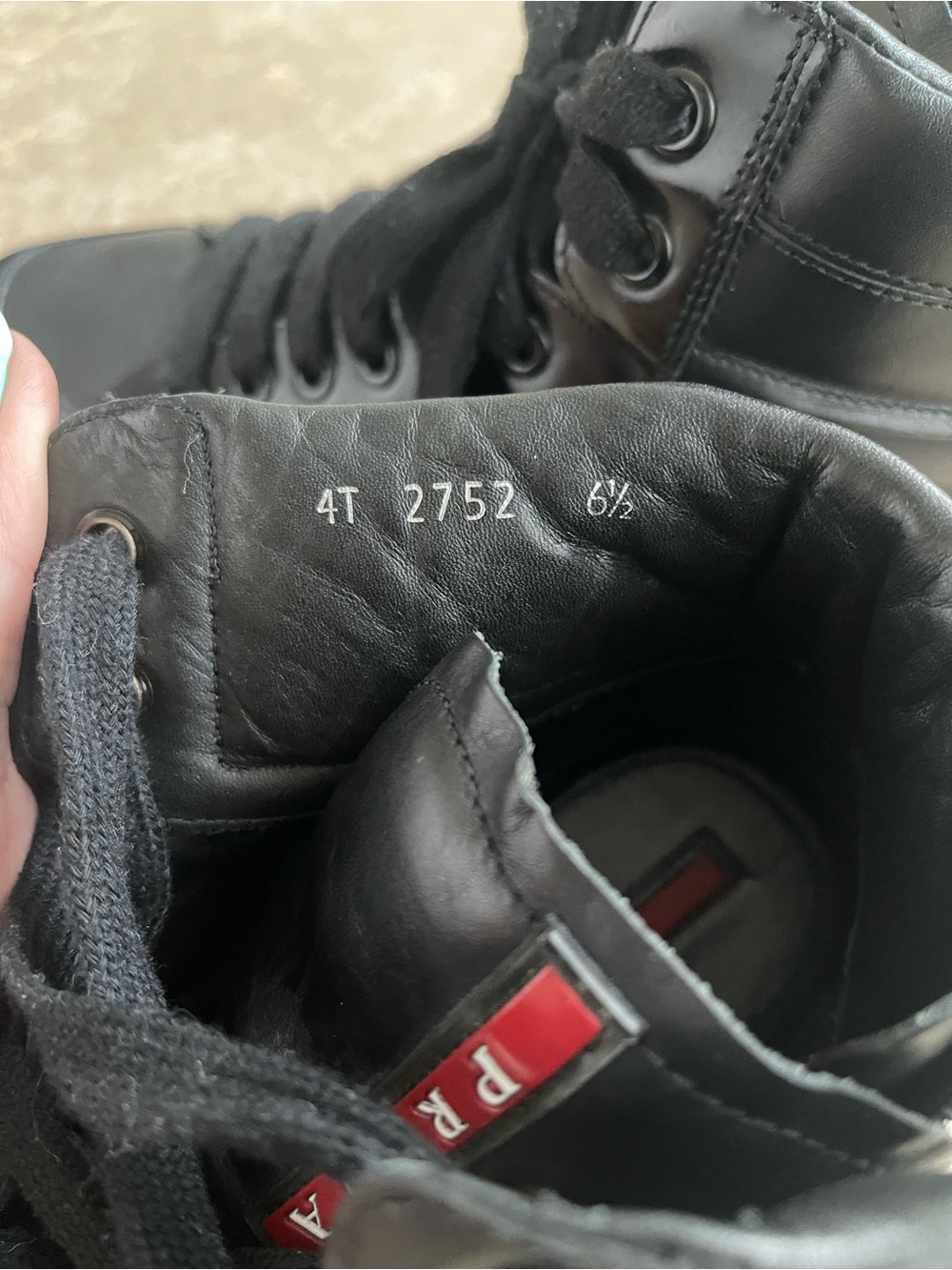 Prada Black Leather High Top Sneakers Red Logo Tab - Picture 7 of 10